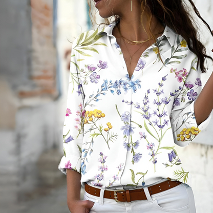 Women’s Blouse – Relaxed Fit – Breathable Fabric – Button Front – Floral Print – Long Sleeve