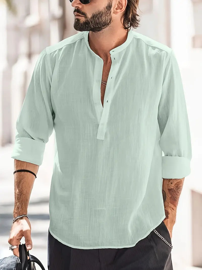 Men’s Long Sleeve Shirt – Relaxed Fit – Breathable Blend – Mandarin Collar Casual Style