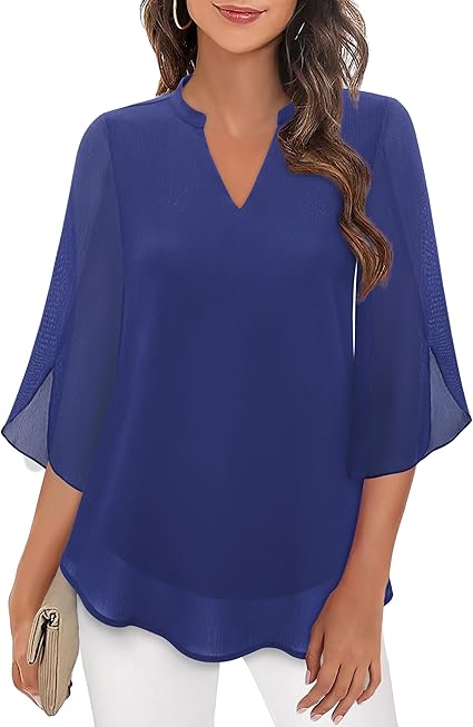 Women’s Blouse – Relaxed Flowing Fit – Chiffon Feel – 3/4 Bell Sleeve V-Neck