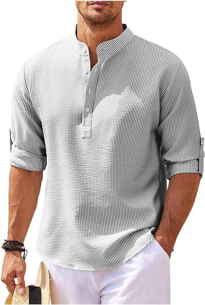 Men’s Casual Shirt – Relaxed Fit – Band Collar – Natural Fibers – Buttoned Cuffs