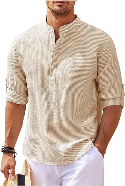 Men’s Casual Shirt – Relaxed Fit – Band Collar – Natural Fibers – Buttoned Cuffs