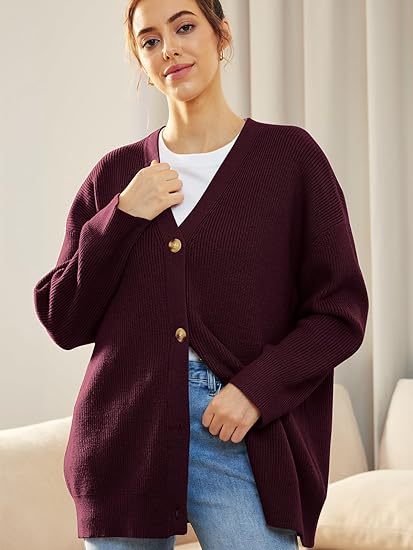 Women’s Cardigan – Oversized Fit – Ribbed Knit – Button Front – V-Neck Casual Wear