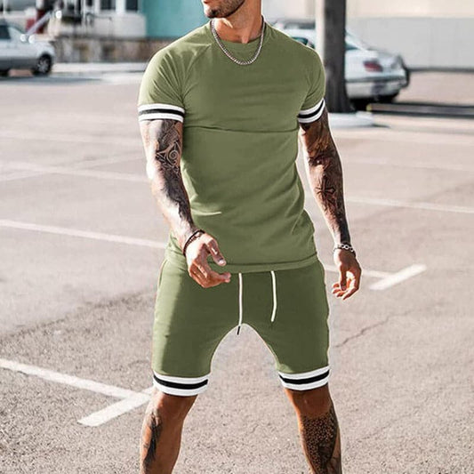 Men’s Athletic Set – Slim Fit – Breathable Stretch Fabric – Short Sleeve & Drawstring Shorts