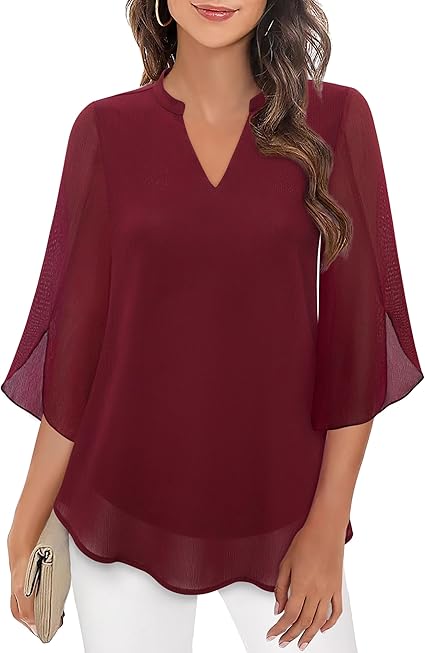 Women’s Blouse – Relaxed Flowing Fit – Chiffon Feel – 3/4 Bell Sleeve V-Neck