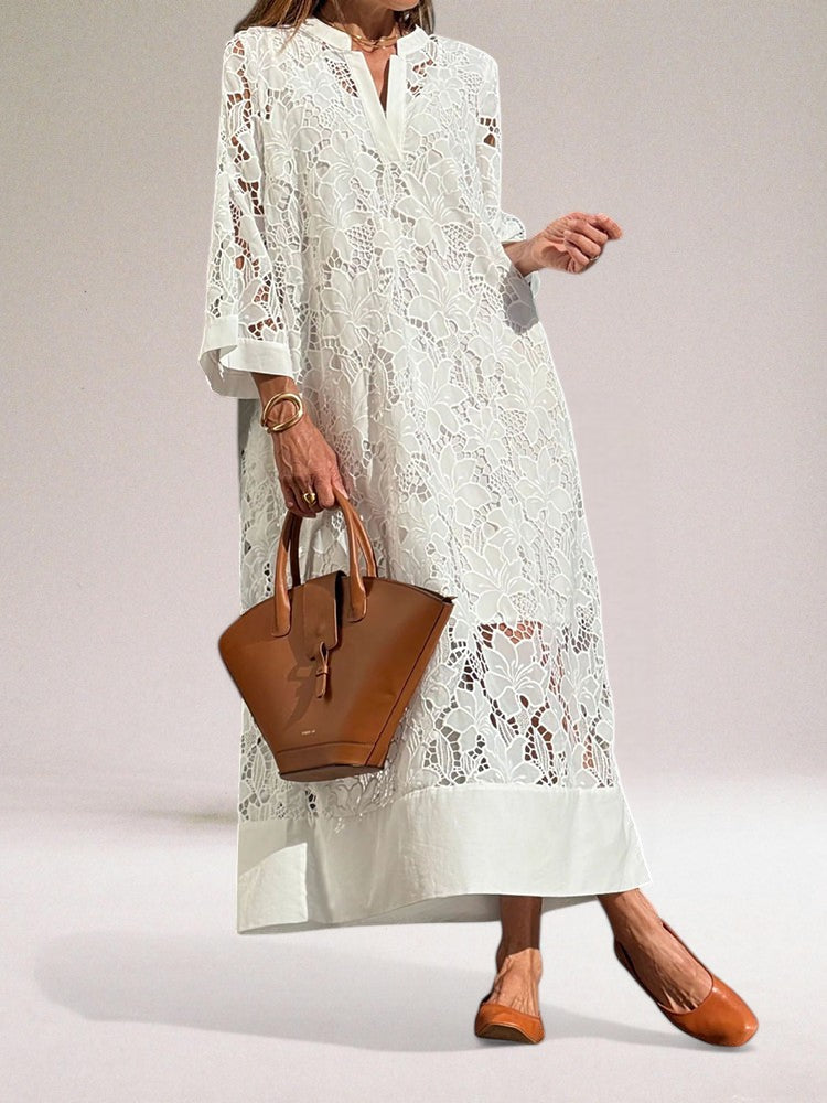 Women’s Maxi Dress – Lace Overlay – Relaxed Fit – Full Sleeve – Flowing Silhouette
