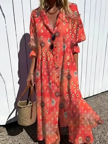 Women’s Maxi Dress – Relaxed Fit – Button Front – Retro Leaf Print – Breathable Blend