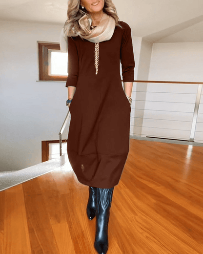 Women's Midi Dress - Three-Quarter Sleeve - Fitted Waist - Minimalist Elegant Style