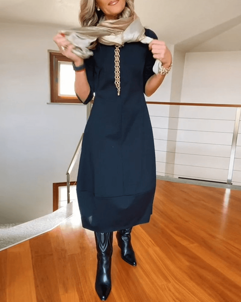 Women's Midi Dress - Three-Quarter Sleeve - Fitted Waist - Minimalist Elegant Style