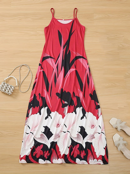 Women's Maxi Dress - Sleeveless Thin Straps - Floral Print - Flowing A-Line Fit