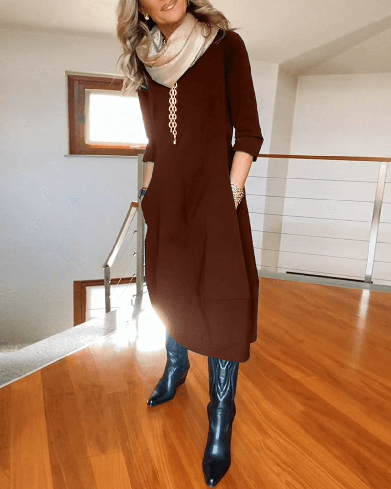 Women's Midi Dress - Three-Quarter Sleeve - Fitted Waist - Minimalist Elegant Style