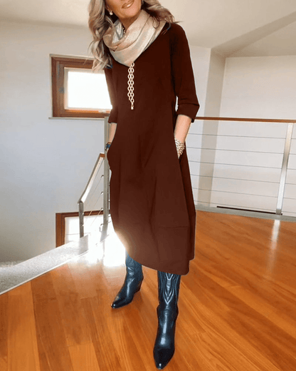 Women's Midi Dress - Three-Quarter Sleeve - Fitted Waist - Minimalist Elegant Style