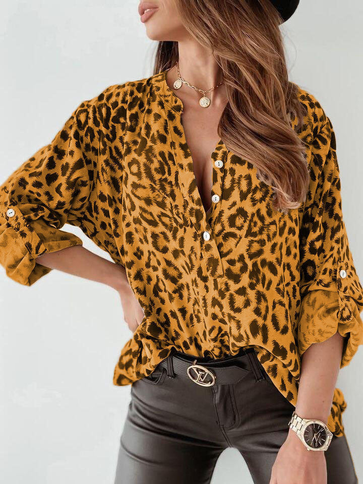 Women’s Blouse – Relaxed Fit – Button-Down Front – Cotton Blend – Leopard Print