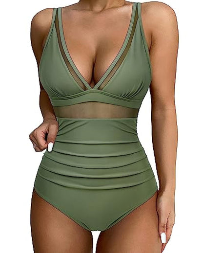 Women’s Swimsuit – Plunging Neckline – Mesh Panels – High-Cut Leg – Breathable Blend