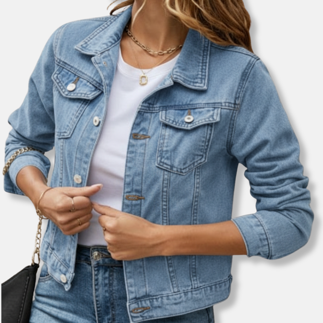 Women’s Denim Jacket – Slim Fit – Cropped Length – Button Front – Shirt Collar