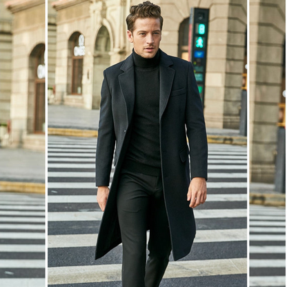 Men’s Knee-Length Coat – Tailored Fit – Wool Blend – Lapel Collar – Formal Style