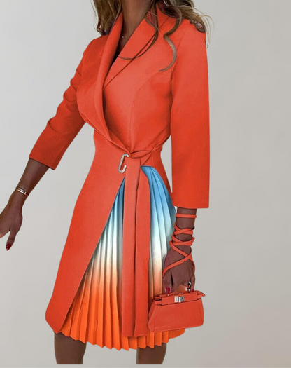 Women’s Midi Dress – Tailored Fit – Pleated Skirt – Notched Neck – Belted Waist