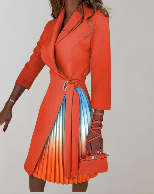 Women’s Midi Dress – Tailored Fit – Pleated Skirt – Notched Neck – Belted Waist