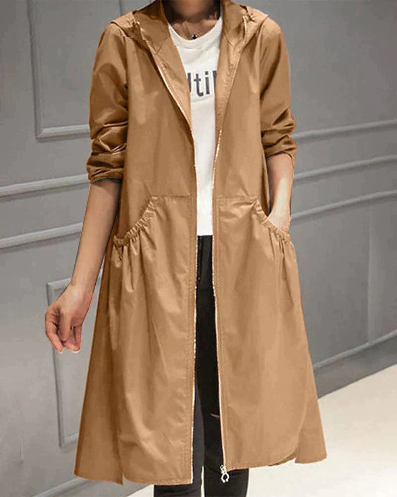 Women’s Waterproof Jacket – Relaxed Fit – Knee Length – Hooded – Zip Front – Pocketed