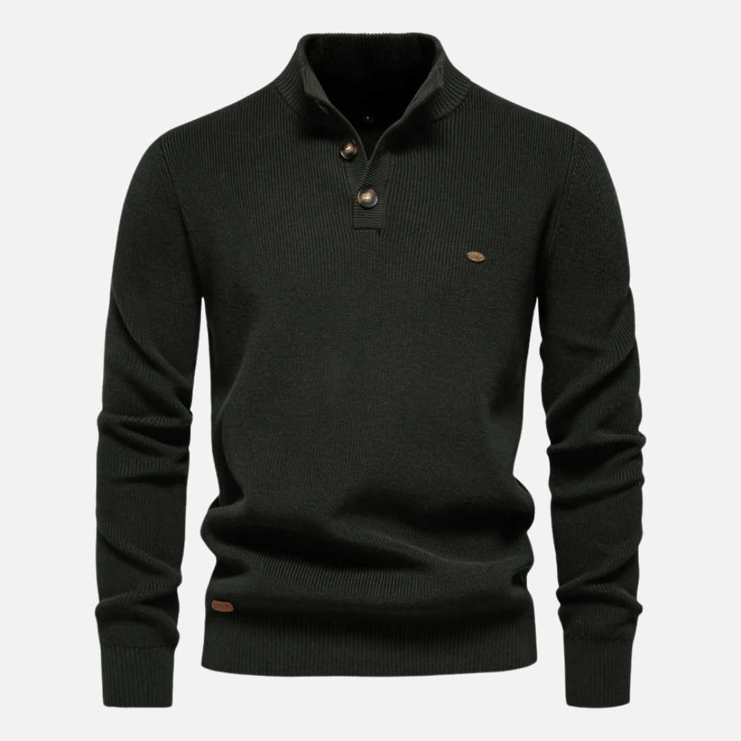 Men’s Turtleneck Sweater – Wool Blend Knit – Slim Fit – Ribbed with Button Placket