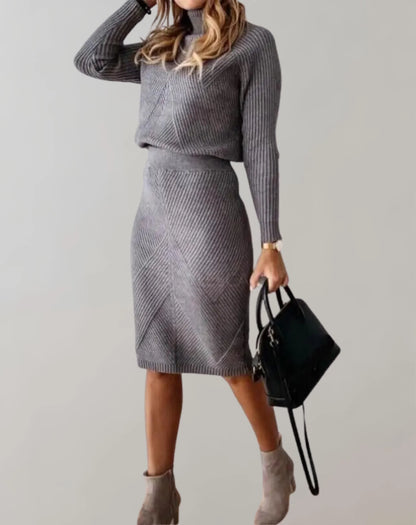 Women’s Two-Piece Set – Ribbed Knit Slim Fit – Turtleneck Top and Midi Skirt