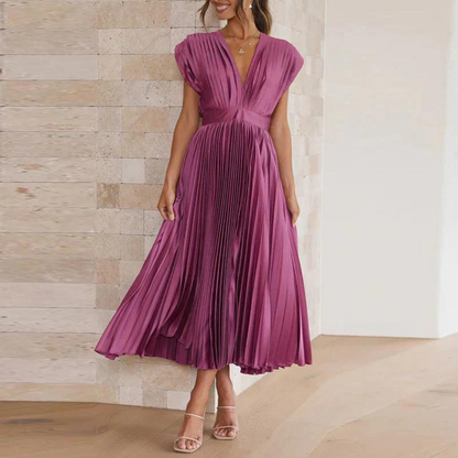 Women's Midi Dress - Silk Satin - Flowing A-Line - V-Neck - Pleated Detail