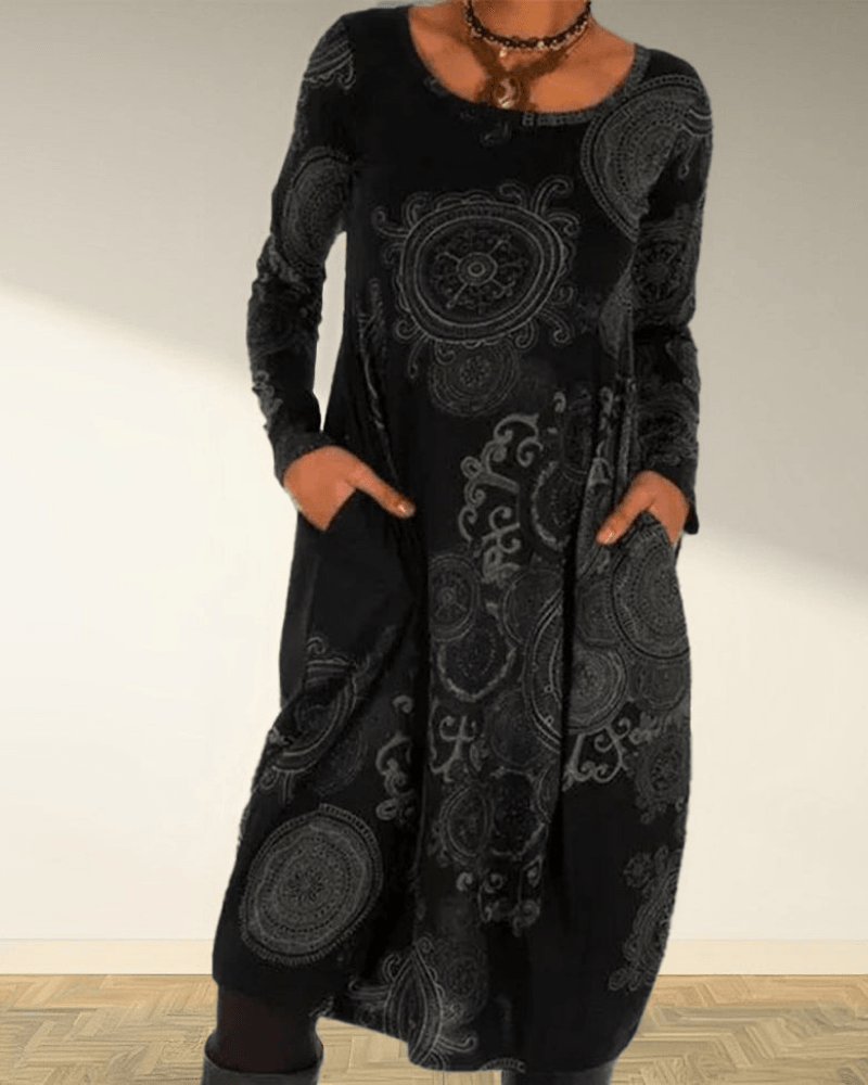 Women's Maxi Dress - Long Sleeve - Scoop Neck - A-Line Loose Fit - Bohemian Print