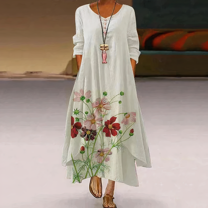 Women's Maxi Dress - Long Sleeve - Flowing Fit - Round Neck - Button Front - Floral Print