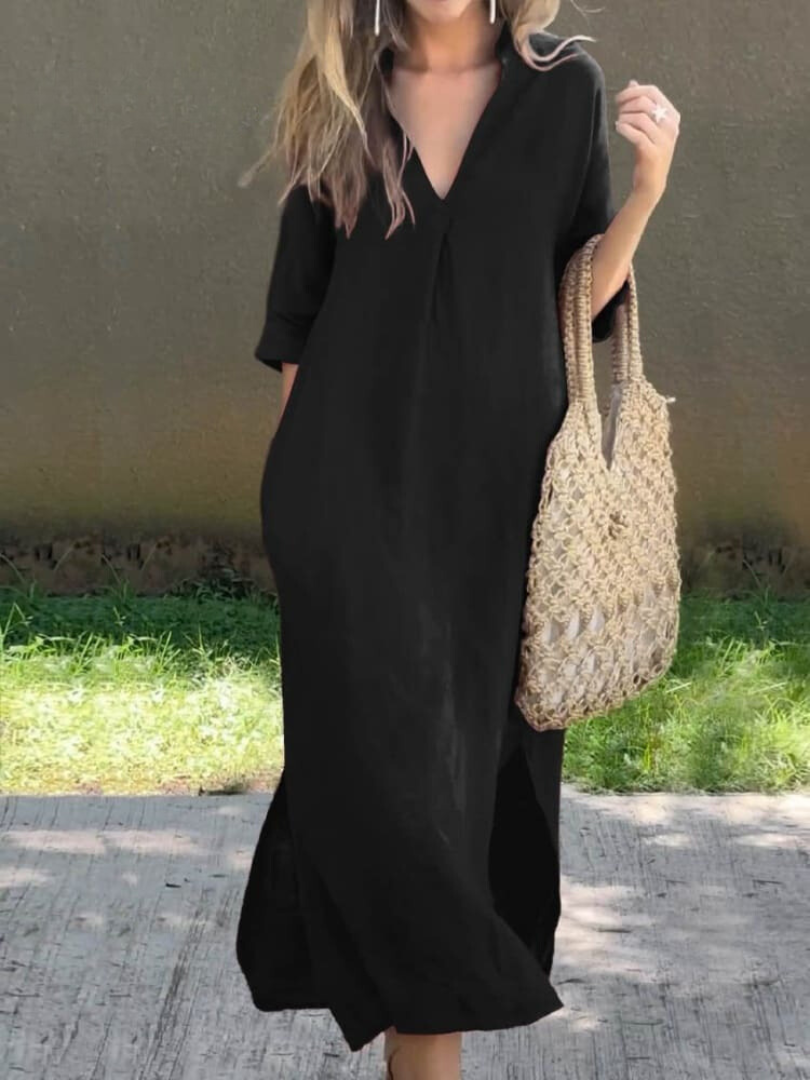 Women’s Maxi Dress – Relaxed Fit – V-Neck – Breathable Blend – 3/4 Sleeve – Side Slits