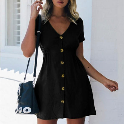 Women's Short Dress - V-Neck Button Front - Relaxed Fit Mini Casual Wear