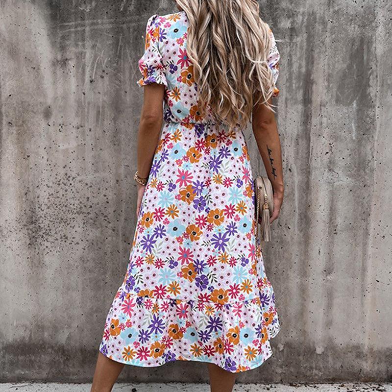 Women's Midi Dress - V-Neck - Short Puff Sleeves - Fitted Waist - Side Slit