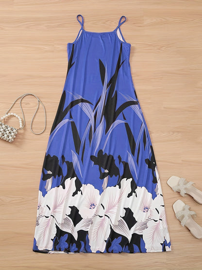 Women's Maxi Dress - Sleeveless Thin Straps - Floral Print - Flowing A-Line Fit