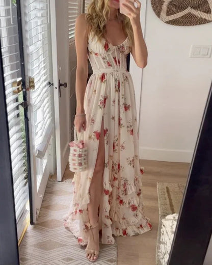 Women's Maxi Dress - Floral Print - V-Neck - Spaghetti Straps - Cinched Waist - Front Slit