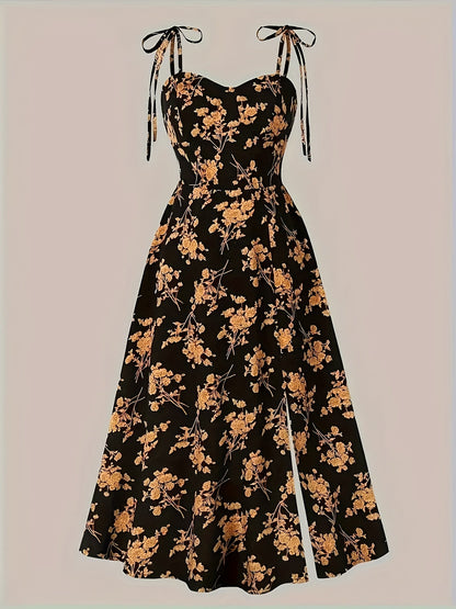 Women's Midi Dress - A-Line Fit - Ruched Bodice - Tie Strap Sleeveless - Floral Print