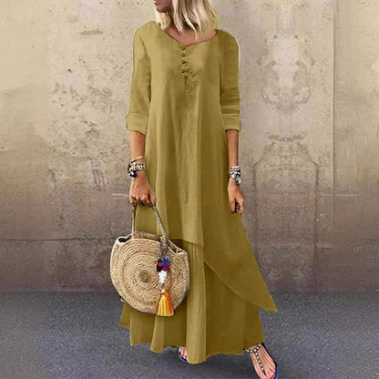 Women’s Midi Dress – Relaxed Fit – Natural Fibers – V-Neck – Layered Asymmetrical Hem