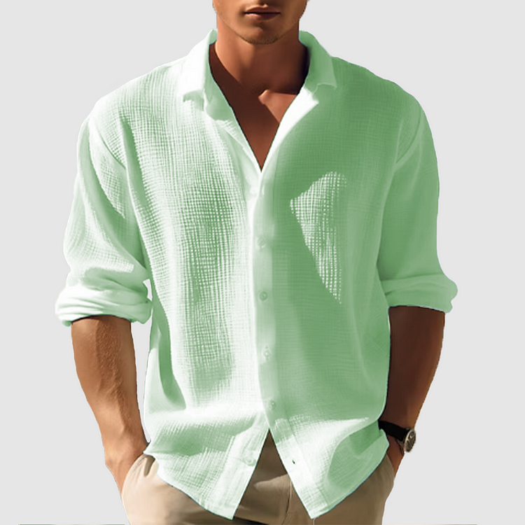 Men’s Button-Down Shirt – Relaxed Fit – Long Sleeve – Cotton Linen Textured