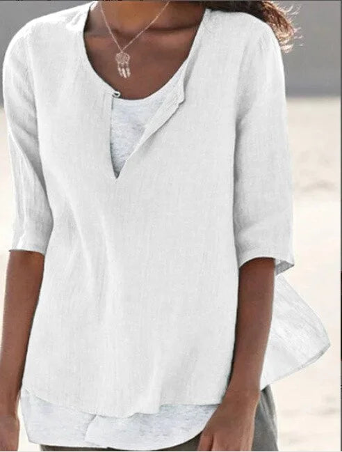 Women’s Blouse – Relaxed Fit – V-Neck – Mid Sleeve – Breathable Blend – Layered Look
