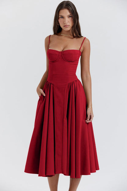Women's Midi Dress - Sweetheart Neckline - Bustier Bodice - A-Line Flared Skirt