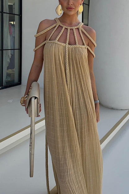 Women’s Full-Length Dress – Relaxed Fit – Braided Halter Neck – Natural Fibers