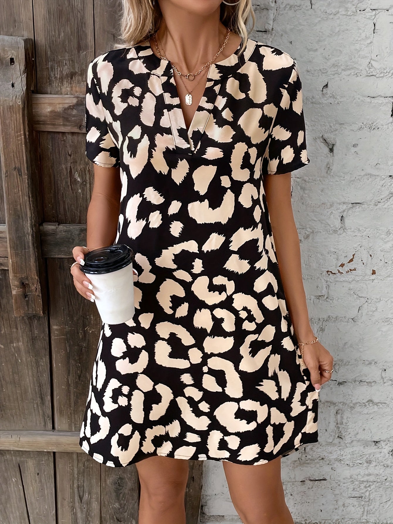 Women's V-Neck Dress - Leopard Print - Short Sleeve Relaxed Fit - Casual Wear
