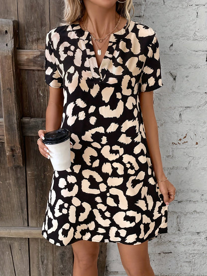 Women's V-Neck Dress - Leopard Print - Short Sleeve Relaxed Fit - Casual Wear