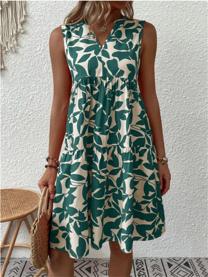 Women’s Sleeveless Dress – V-Neck – Relaxed Fit – Abstract Print – Knee Length – Breathable Blend