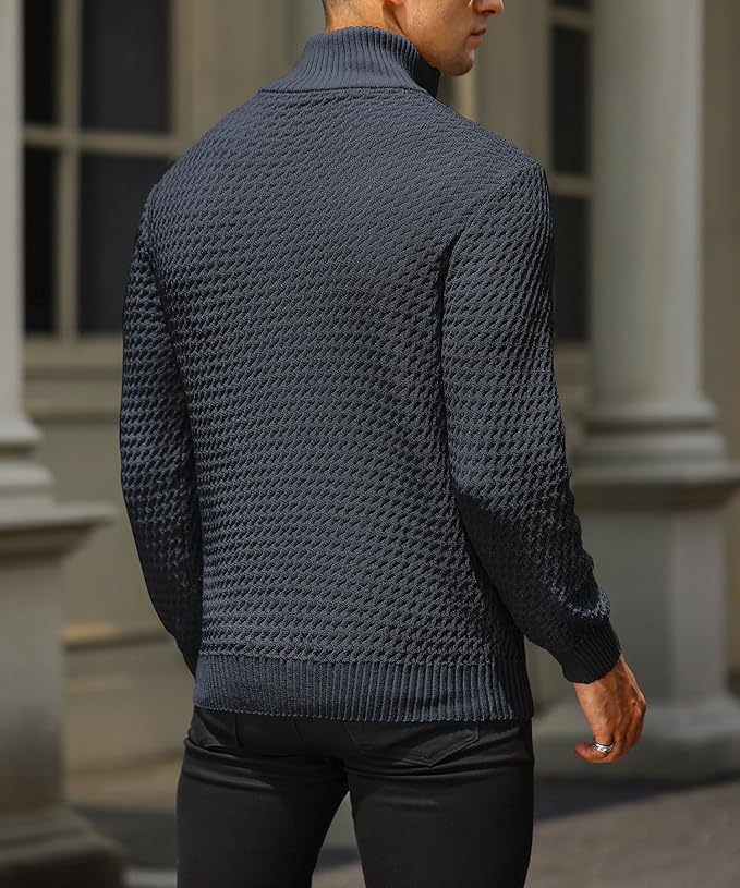 Men’s Half Zip Sweater – Textured Knit – Tailored Fit – Ribbed Collar and Cuffs