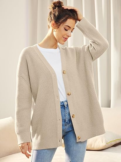 Women’s Cardigan – Oversized Fit – Ribbed Knit – Button Front – V-Neck Casual Wear