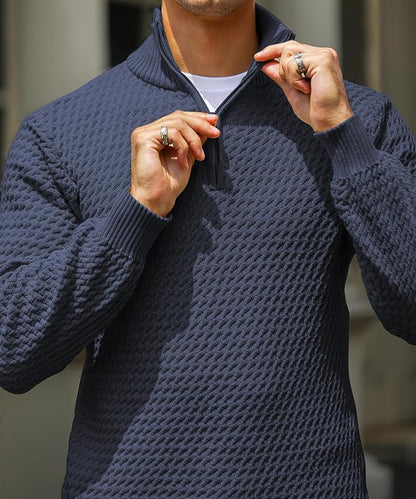 Men’s Half Zip Sweater – Textured Knit – Tailored Fit – Ribbed Collar and Cuffs