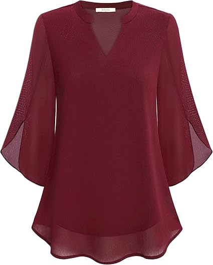Women’s Blouse – Relaxed Flowing Fit – Chiffon Feel – 3/4 Bell Sleeve V-Neck