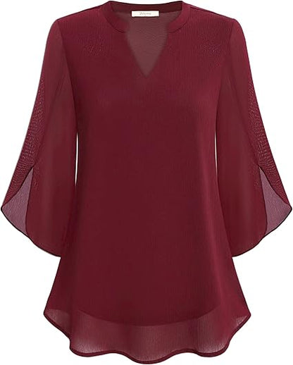Women’s Blouse – Relaxed Flowing Fit – Chiffon Feel – 3/4 Bell Sleeve V-Neck
