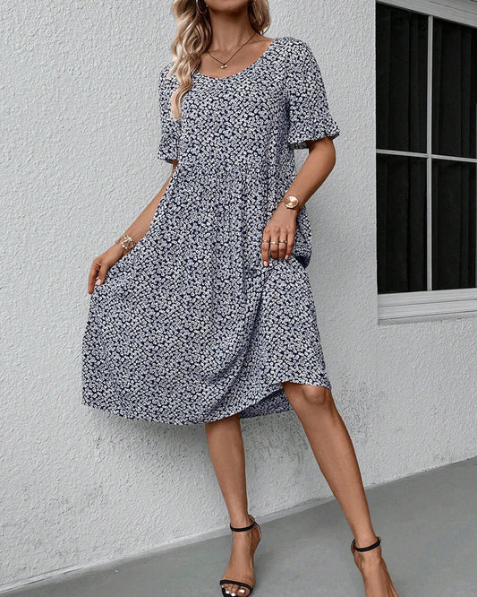 Women's A-Line Dress - Lightweight Cotton - Knee-Length - Short Sleeve Floral Print