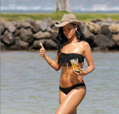 Women’s Bikini Set – Bandeau Top with Fringe – Low Rise Bottoms – Cut-Out Sides