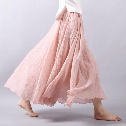 Women's Maxi Skirt - Natural Fiber - Flared Silhouette - Gentle Pleats