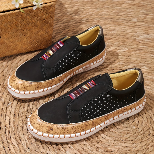 Women’s Slip-On Shoes – Breathable Perforated Upper – Orthotic Support – Cork Sole